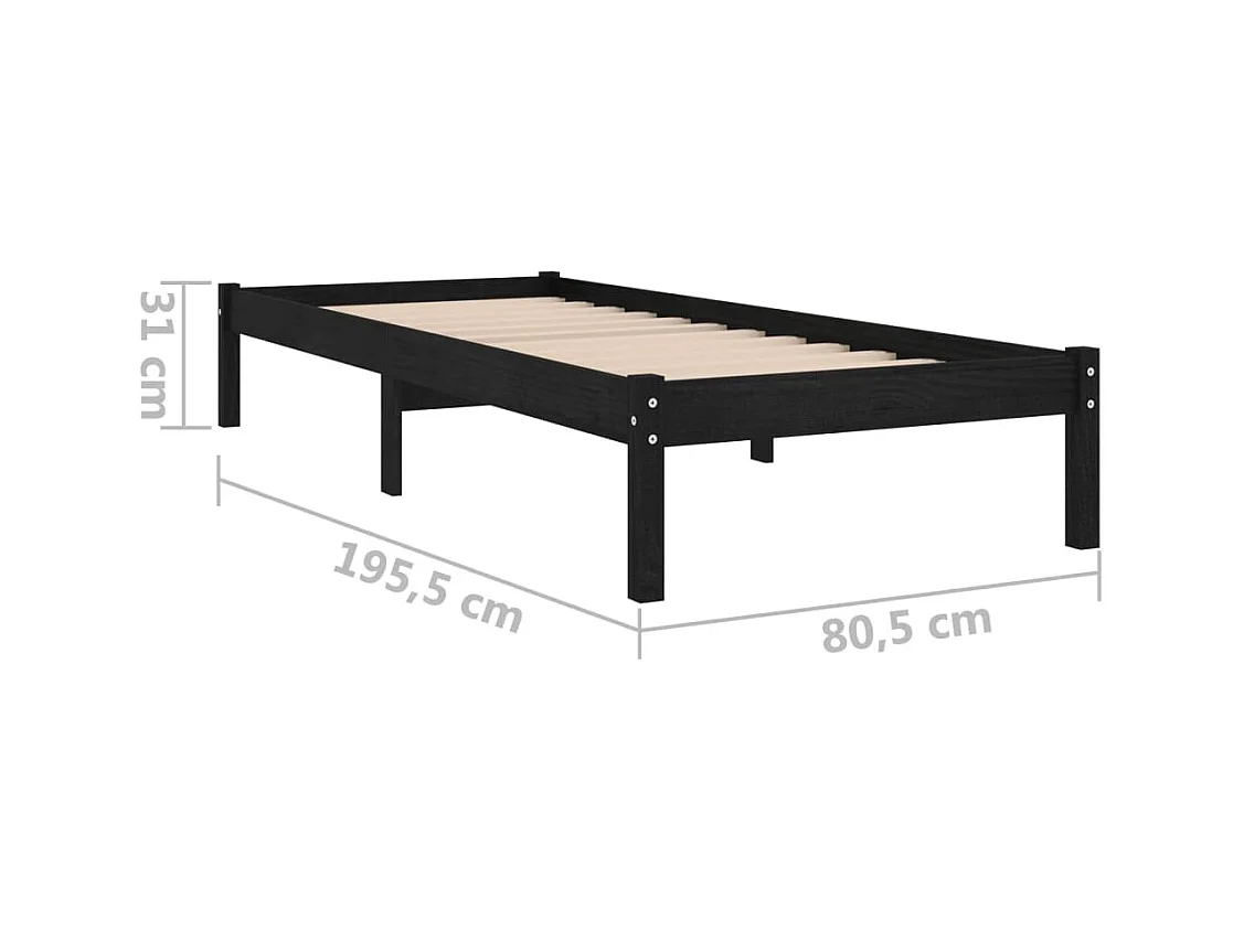 Estructura de cama madera maciza individual negra 75x190 cm