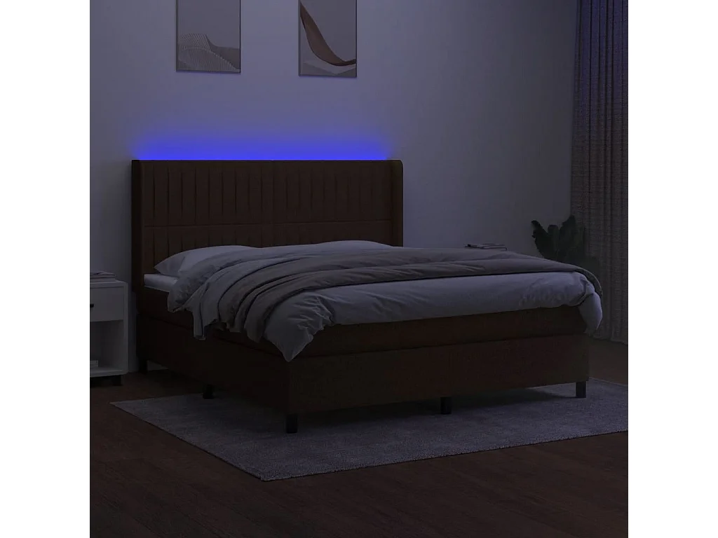 Lit à sommier tapissier matelas et LED Marron foncé 160x200 Tissu