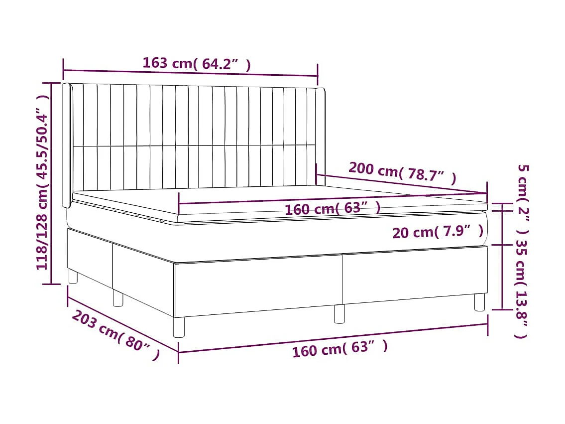 Lit à sommier tapissier matelas et LED Marron foncé 160x200 Tissu