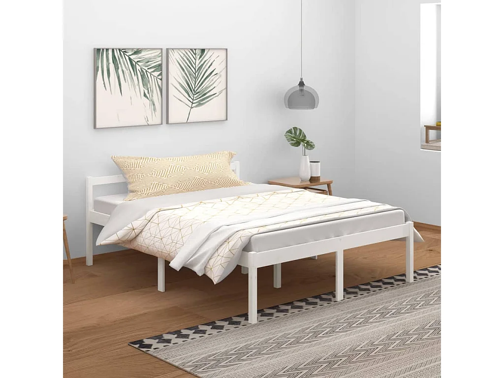 Lit Blanc Bois de pin massif 150x200 Très grand