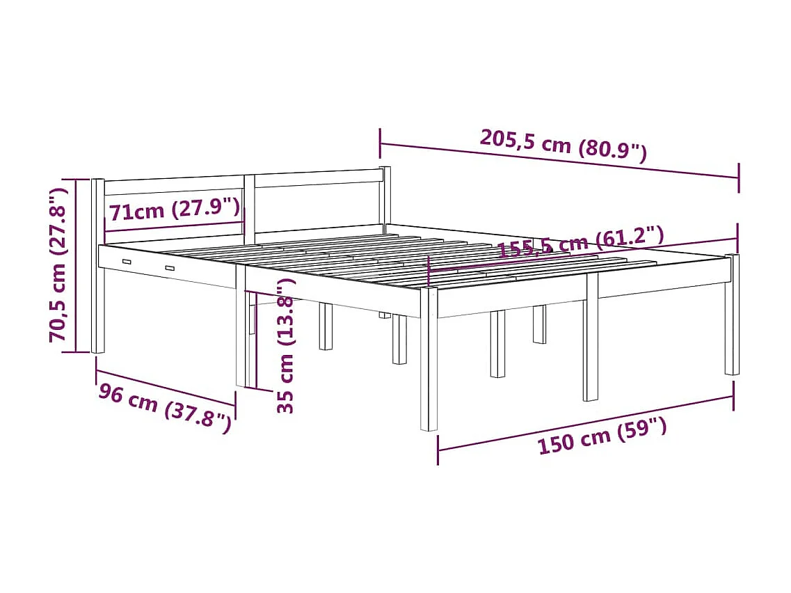 Lit Blanc Bois de pin massif 150x200 Très grand