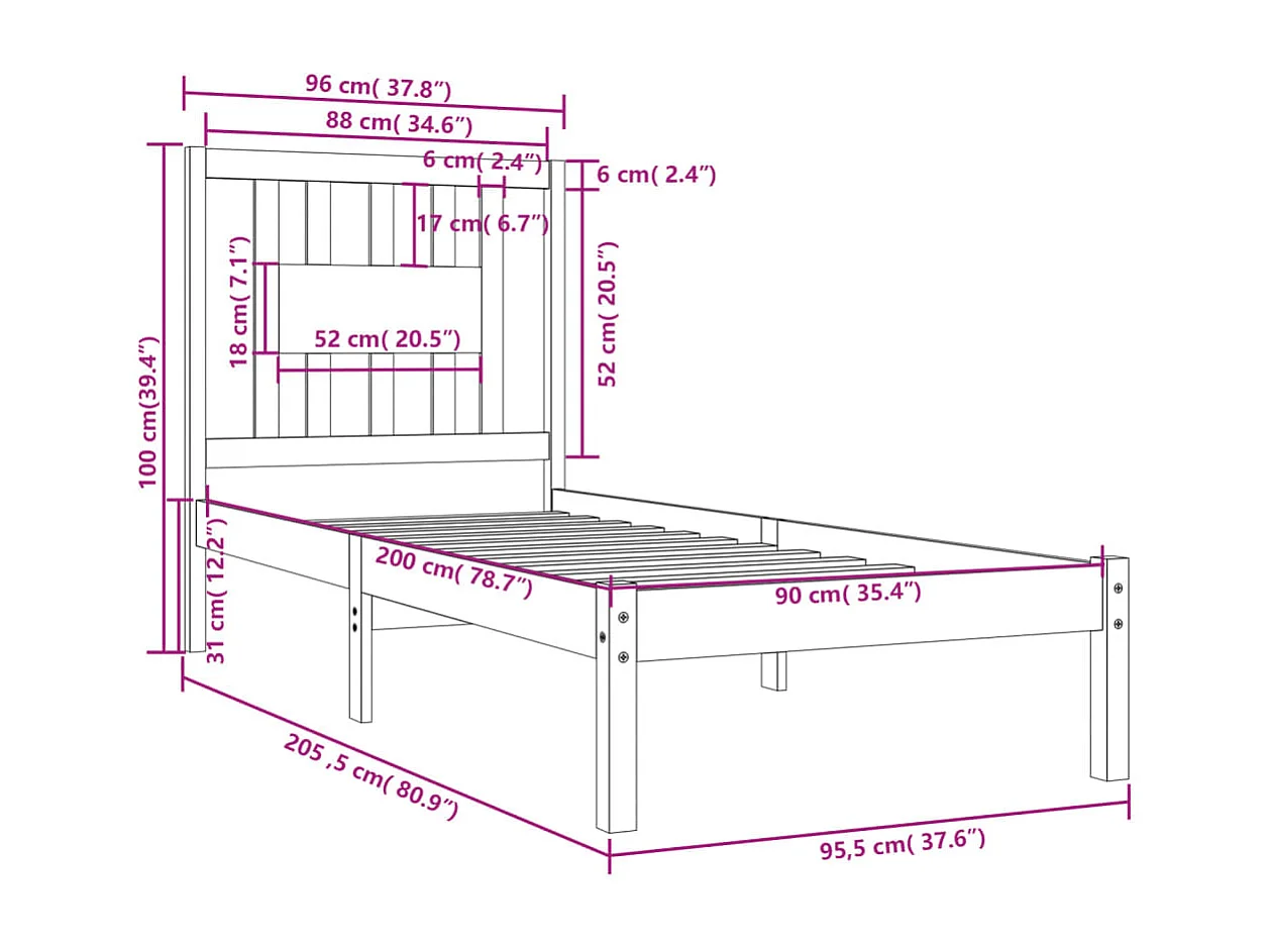 Lit en bois de pin massif 90x200 5