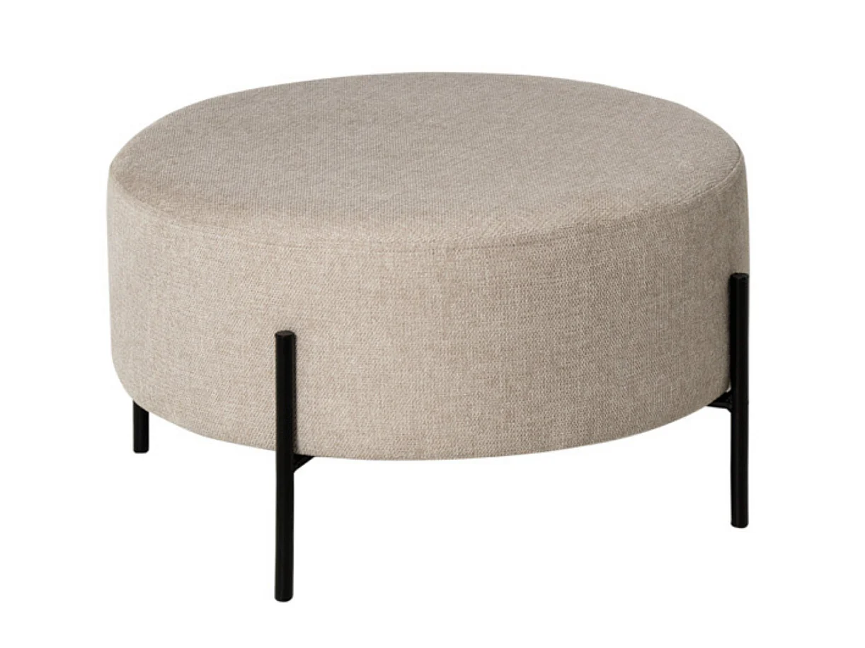 Pouf rond moderne en tissu avec pieds en métal noir Kamila-Couleur Beige clair-Diamètre 60 cm