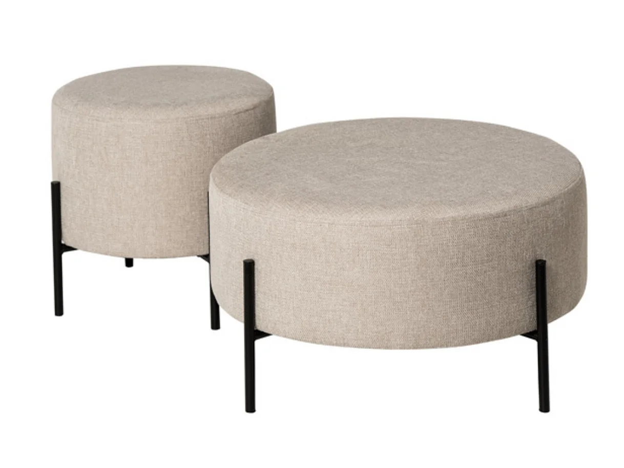 Moderne ronde stoffen poef met zwart metalen poten Kamila-Kleur Licht beige-Diameter 60 cm