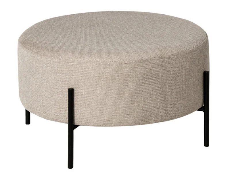 Pouf rond moderne en tissu avec pieds en métal noir Kamila-Couleur Beige clair-Diamètre 60 cm