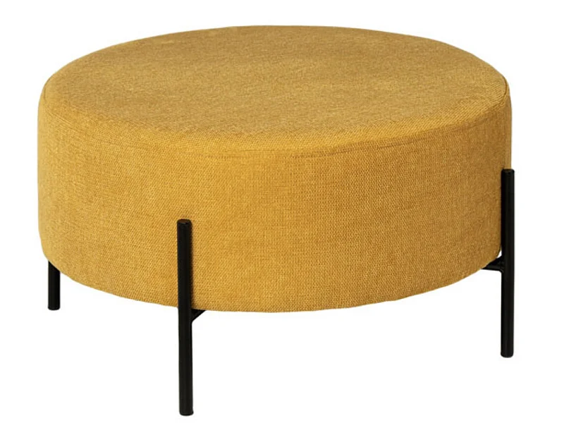 Pouf rond moderne en tissu avec pieds en métal noir Kamila-Couleur Jaune curry-Diamètre 60 cm