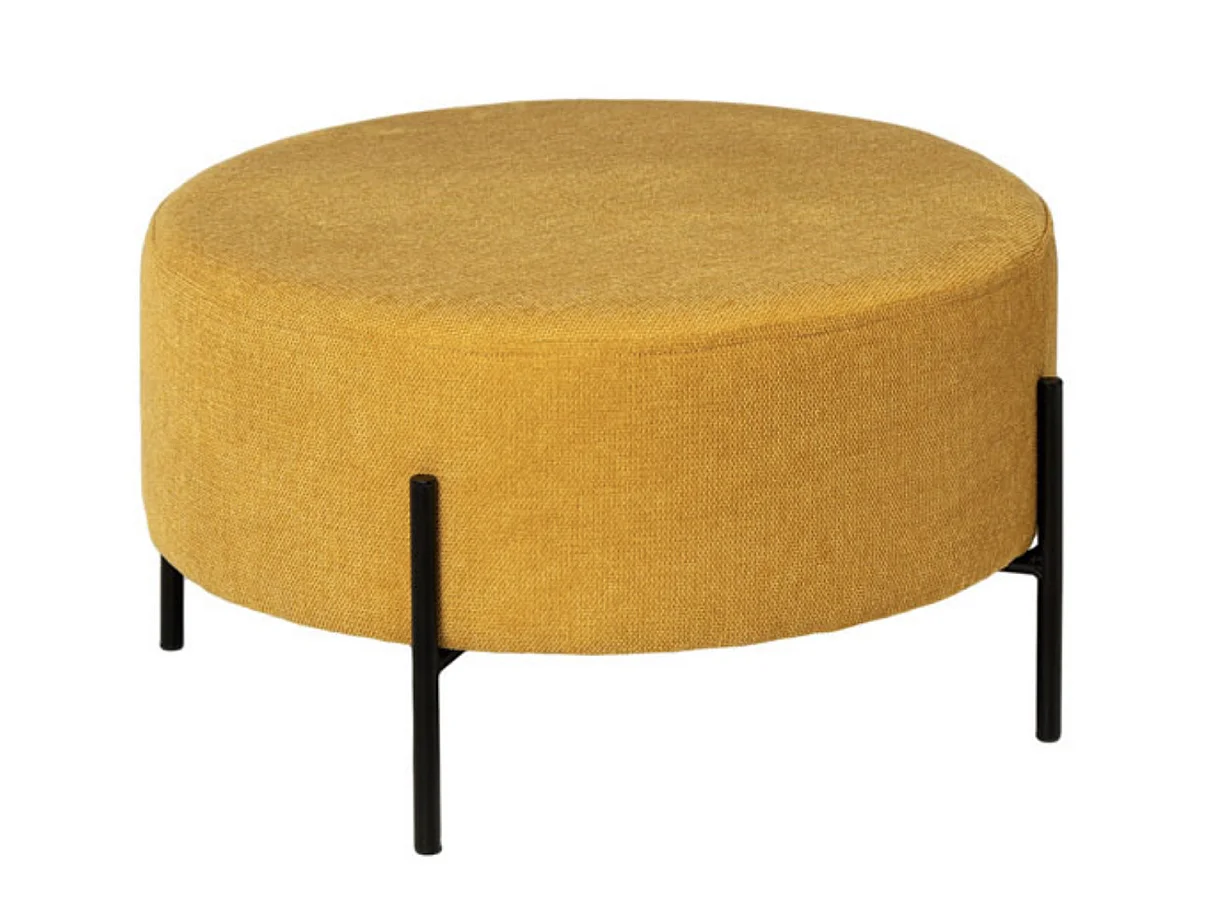 Pouf rond moderne en tissu avec pieds en métal noir Kamila-Couleur Jaune curry-Diamètre 60 cm