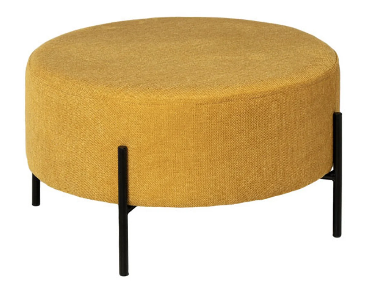 Pouf rond moderne en tissu avec pieds en métal noir Kamila-Couleur Jaune curry-Diamètre 60 cm