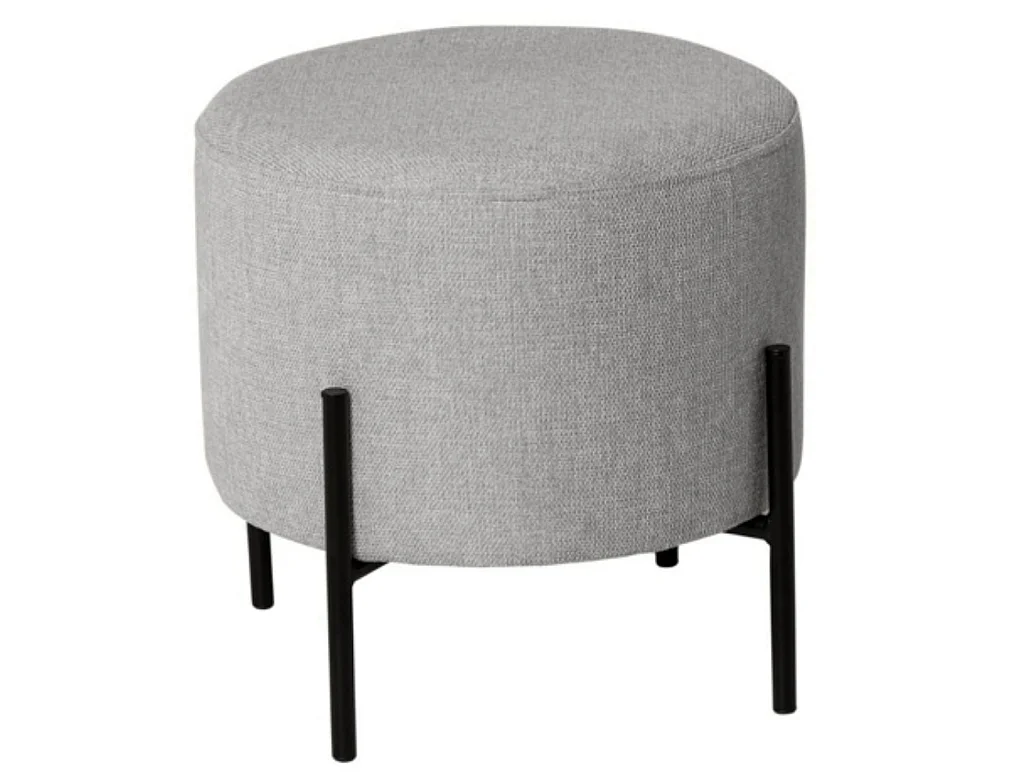 Pouf rond moderne en tissu avec pieds en métal noir Kamila-Couleur Gris clair-Diamètre 40 cm