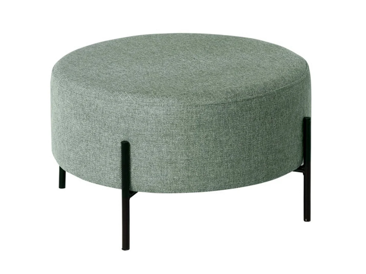 Pouf rond moderne en tissu avec pieds en métal noir Kamila-Couleur Vert amande-Diamètre 60 cm