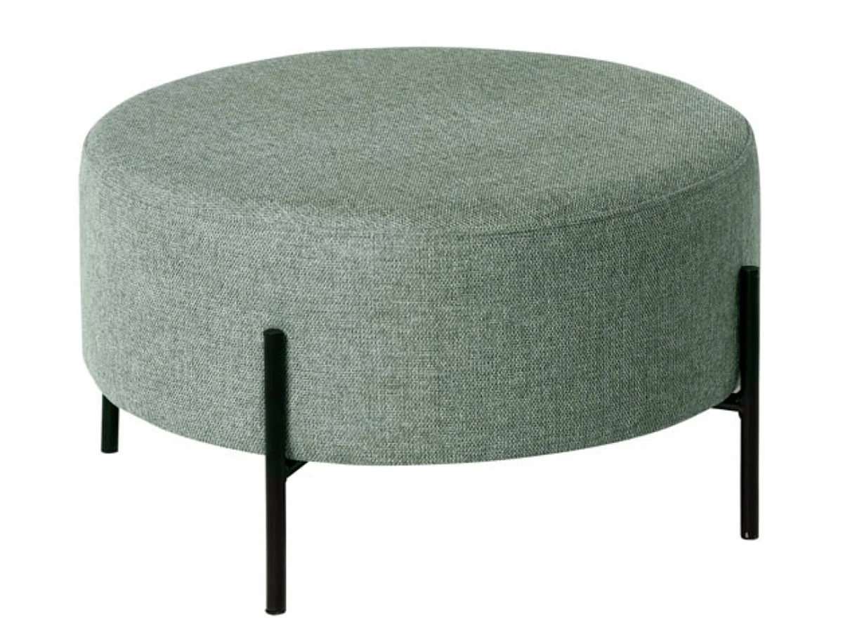 Pouf rond moderne en tissu avec pieds en métal noir Kamila-Couleur Vert amande-Diamètre 60 cm