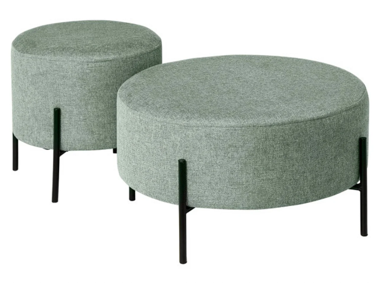 Pouf rond moderne en tissu avec pieds en métal noir Kamila-Couleur Vert amande-Diamètre 60 cm