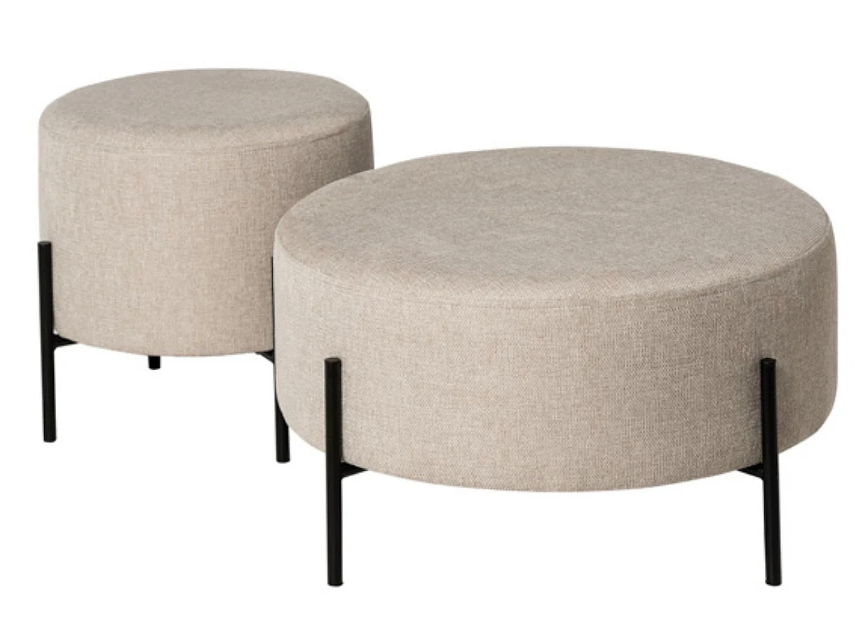 Pouf rond moderne en tissu avec pieds en métal noir Kamila-Couleur Beige clair-Diamètre 40 cm