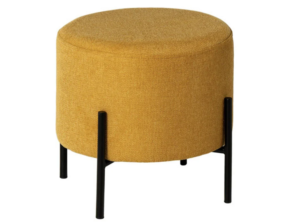 Pouf rond moderne en tissu avec pieds en métal noir Kamila-Couleur Jaune curry-Diamètre 40 cm