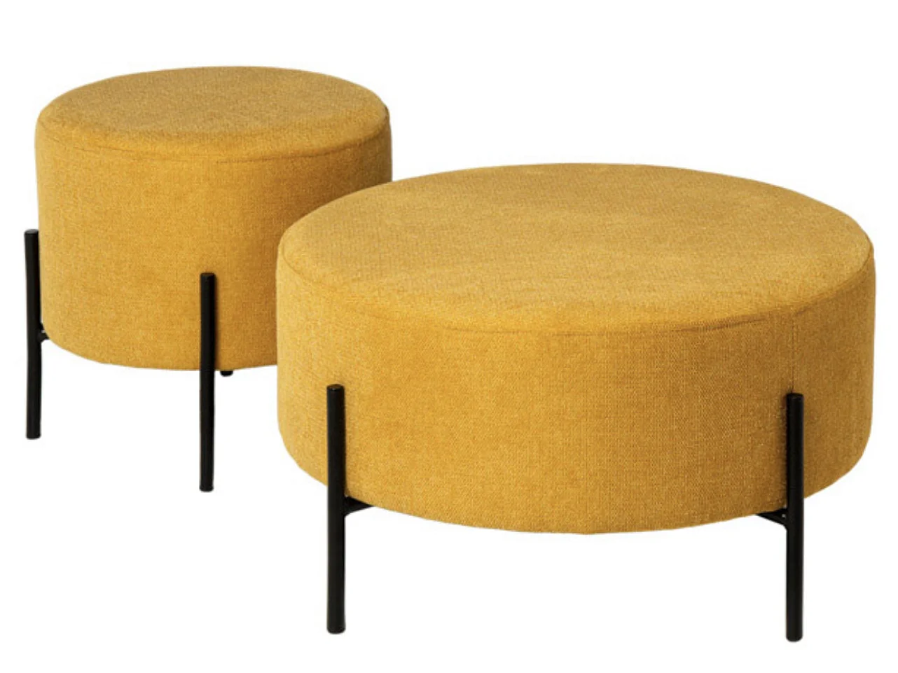 Pouf rond moderne en tissu avec pieds en métal noir Kamila-Couleur Jaune curry-Diamètre 40 cm