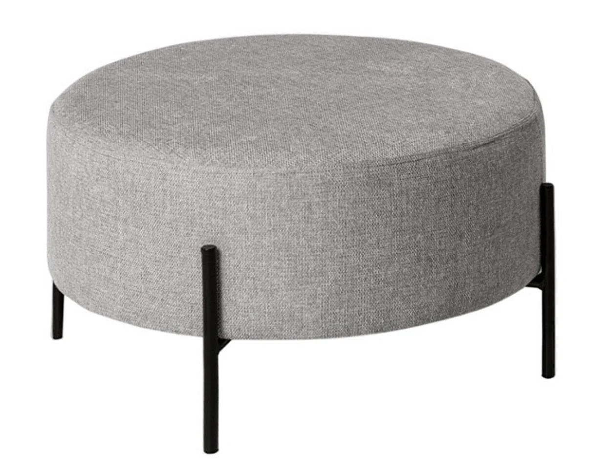 Pouf rond moderne en tissu avec pieds en métal noir Kamila-Couleur Gris clair-Diamètre 60 cm
