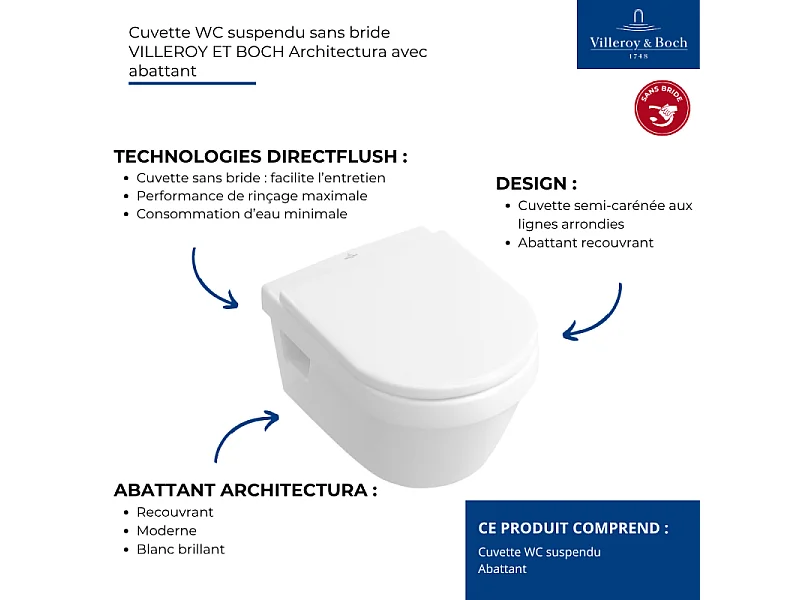 Cuvette WC suspendu sans bride VILLEROY & BOCH Architectura avec abattant