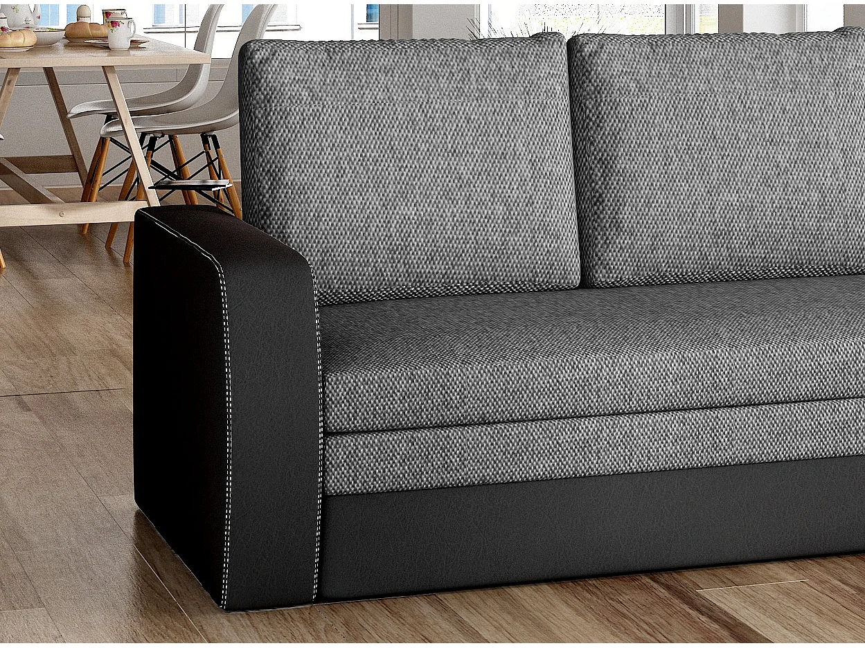 Canapé lit tissu gris et simili cuir noir avec coffre de rangement Liverna 220cm