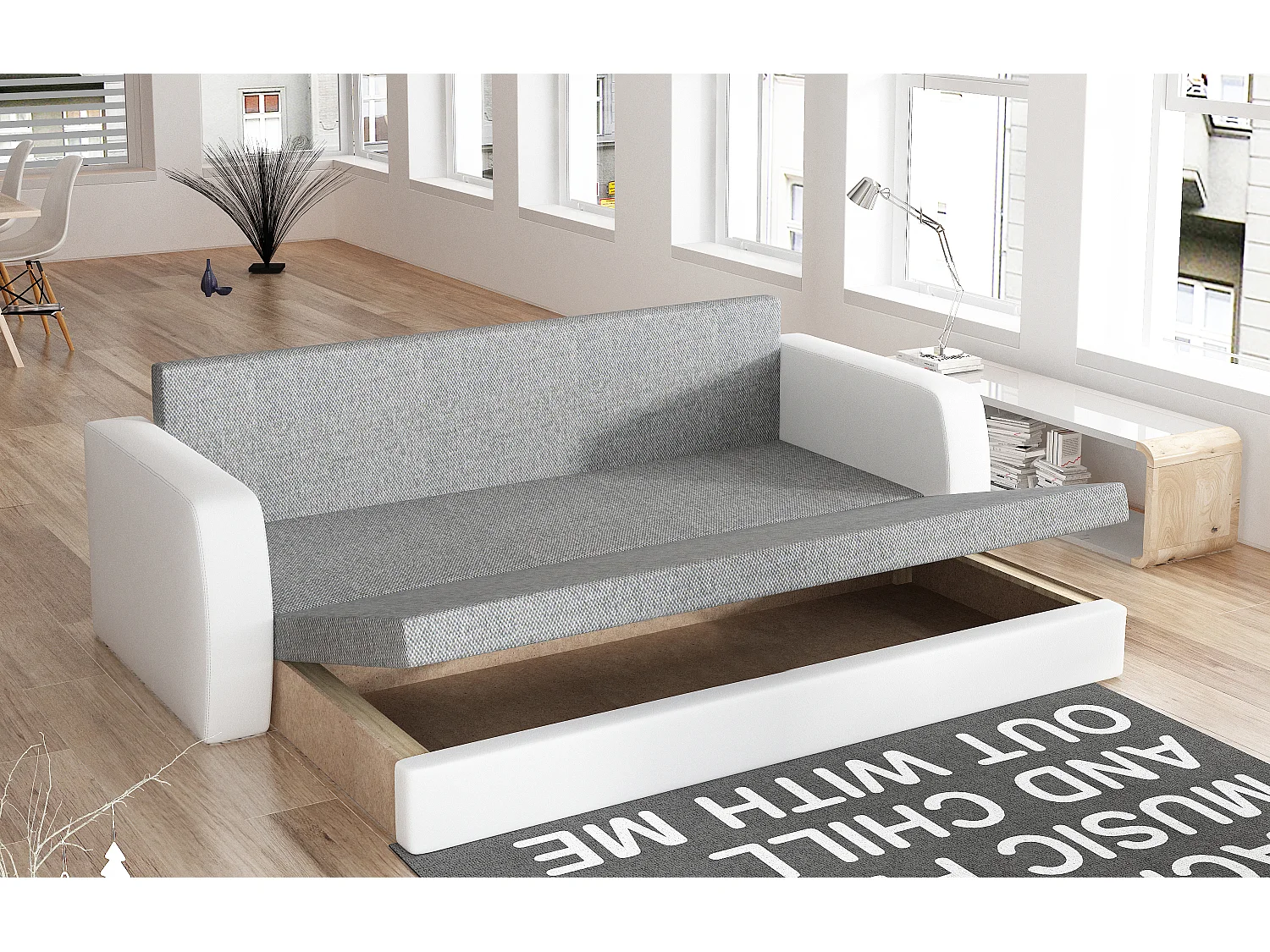 Canapé lit tissu gris et simili cuir noir avec coffre de rangement Liverna 220cm