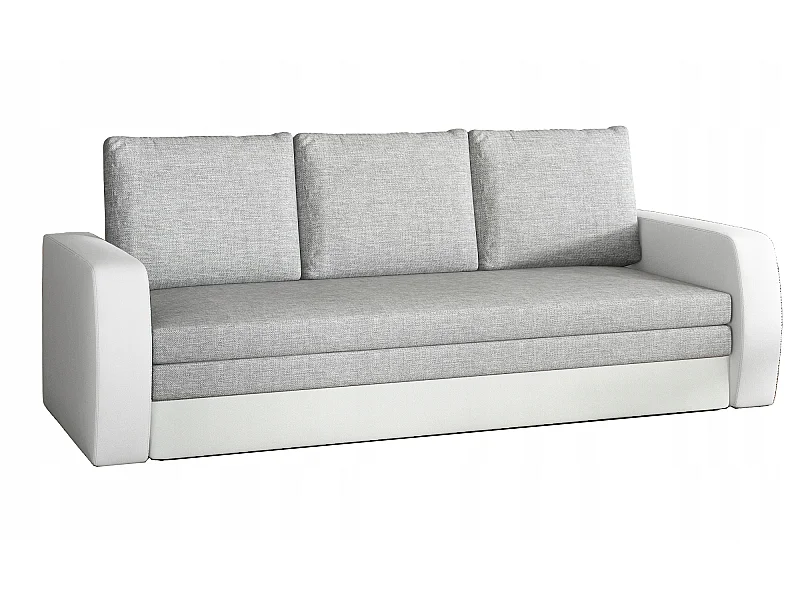 Canapé lit tissu gris clair et simili cuir blanc avec coffre de rangement Liverna 220cm