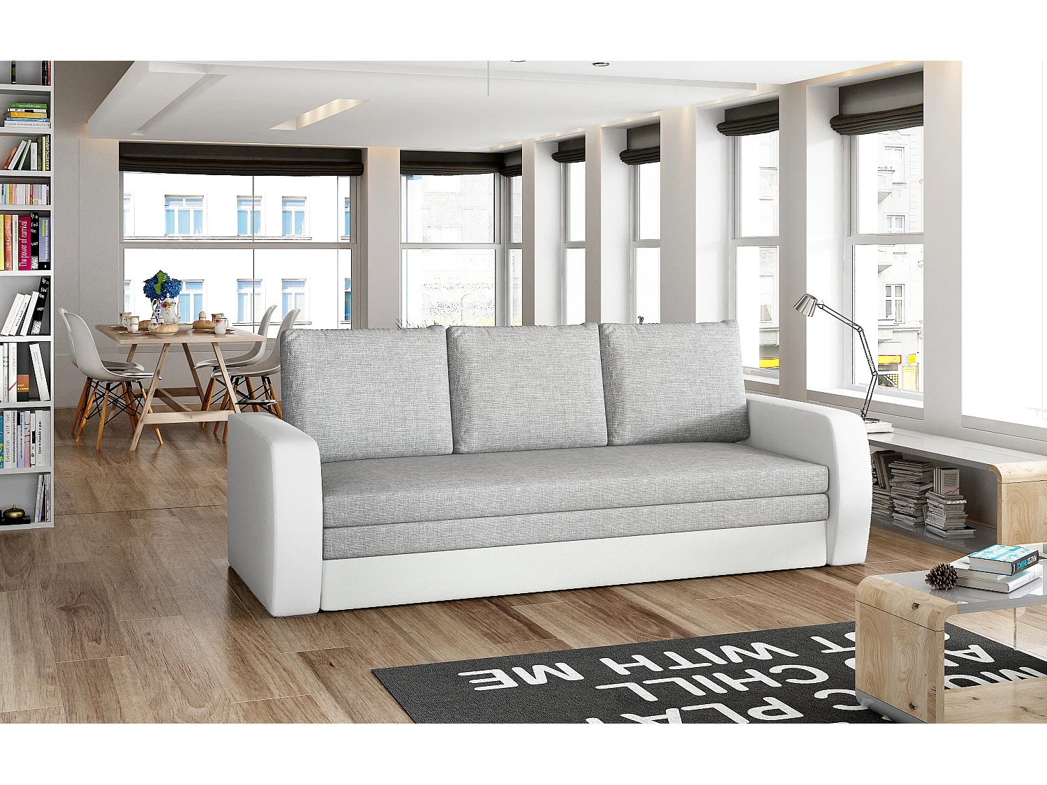 Slaapbank lichtgrijze stof en wit kunstleer met opbergbox Liverna 220 cm