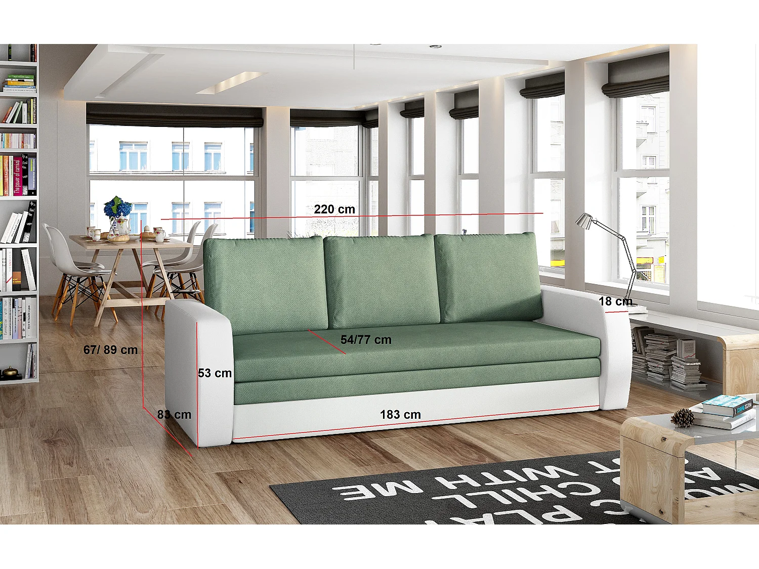 Slaapbank lichtgrijze stof en wit kunstleer met opbergbox Liverna 220 cm