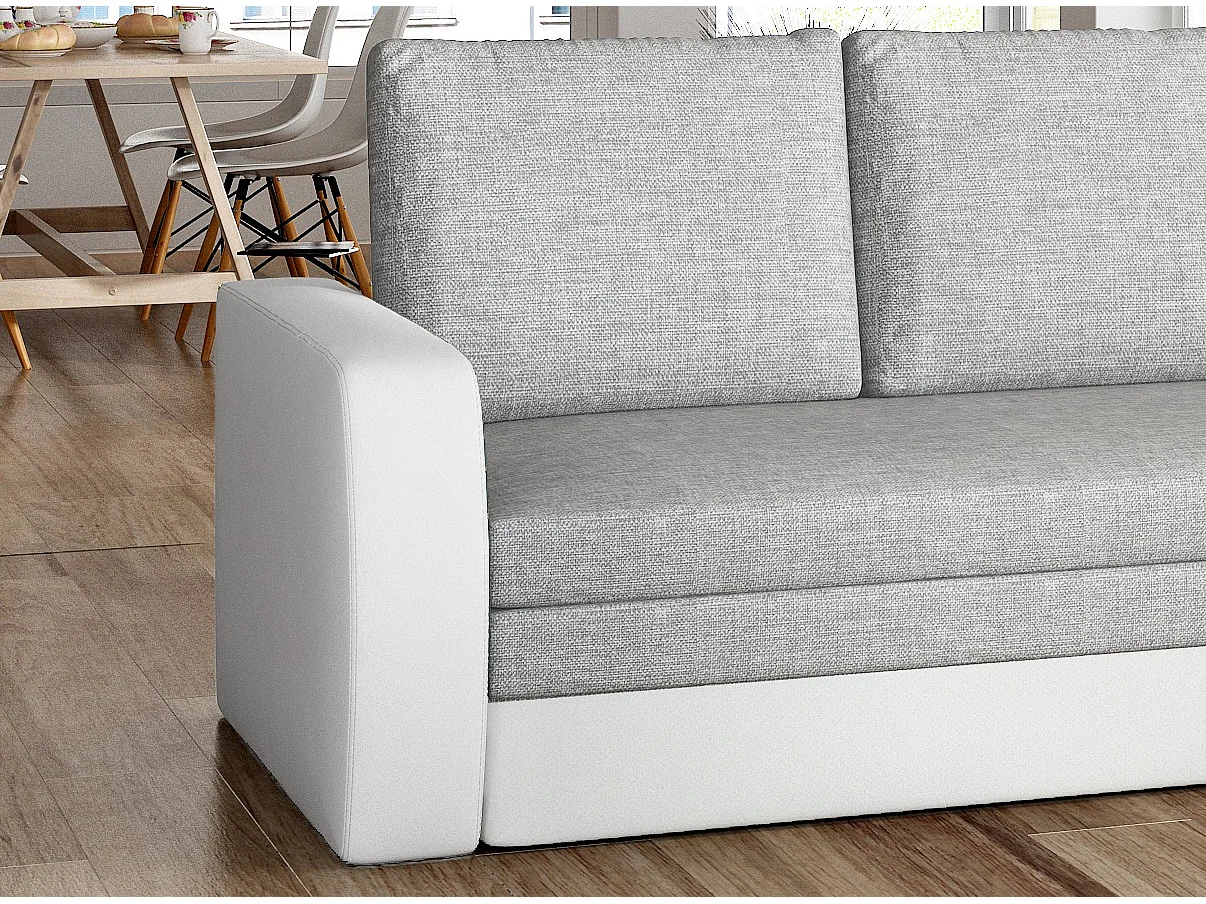 Canapé lit tissu gris clair et simili cuir blanc avec coffre de rangement Liverna 220cm