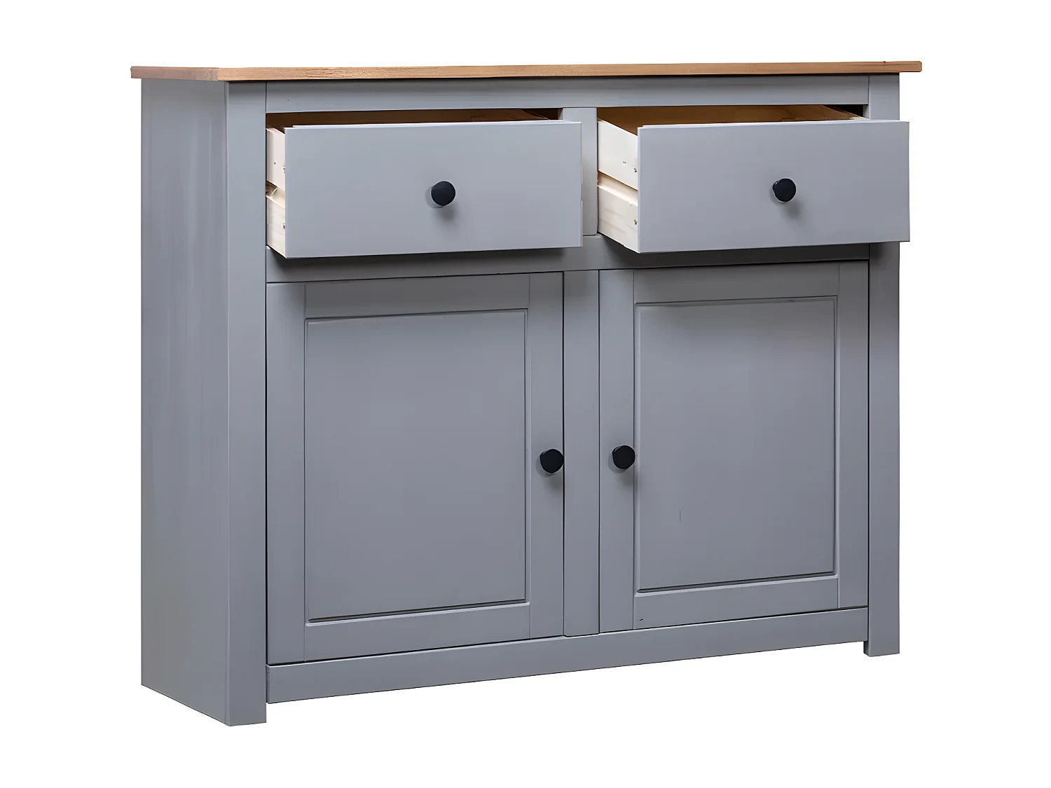 Commode 2 portes 2 tiroirs pin massif gris et clair Iris