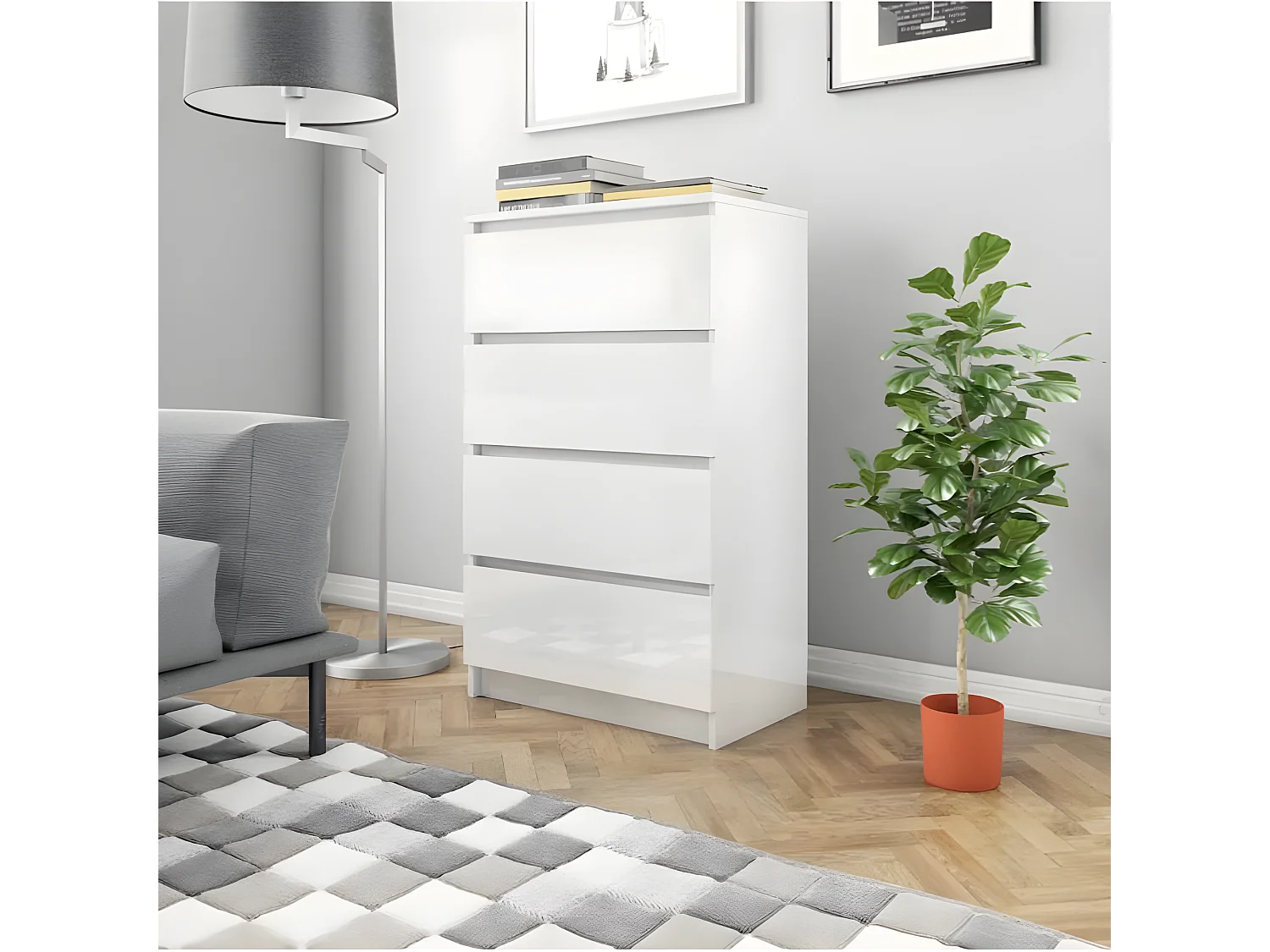 Commode haute 4 tiroirs bois blanc brillant Agency