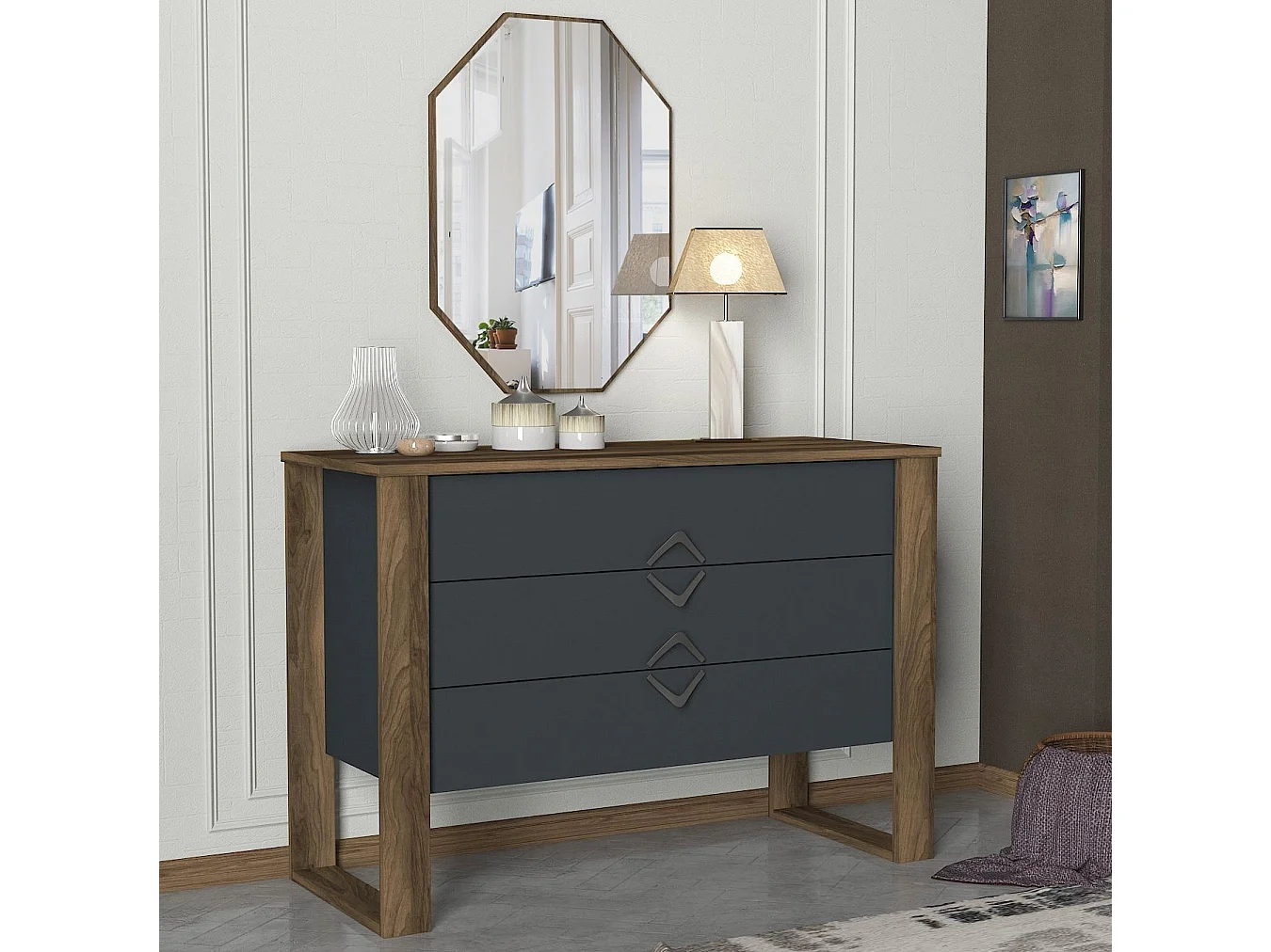 Commode L110cm avec miroir mural et miroir 45x70cm Jesse Bois et Gris