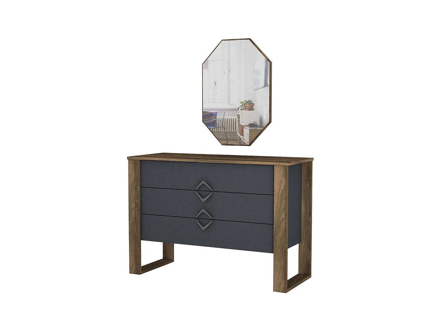 Commode L110cm avec miroir mural et miroir 45x70cm Jesse Bois et Gris