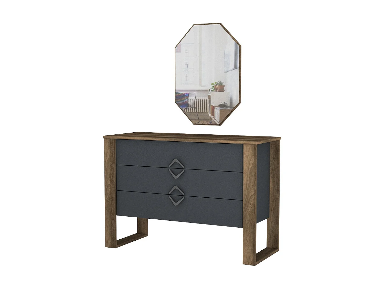 3 lades ladekast met donker hout en antraciet wandspiegel Luko 110 cm