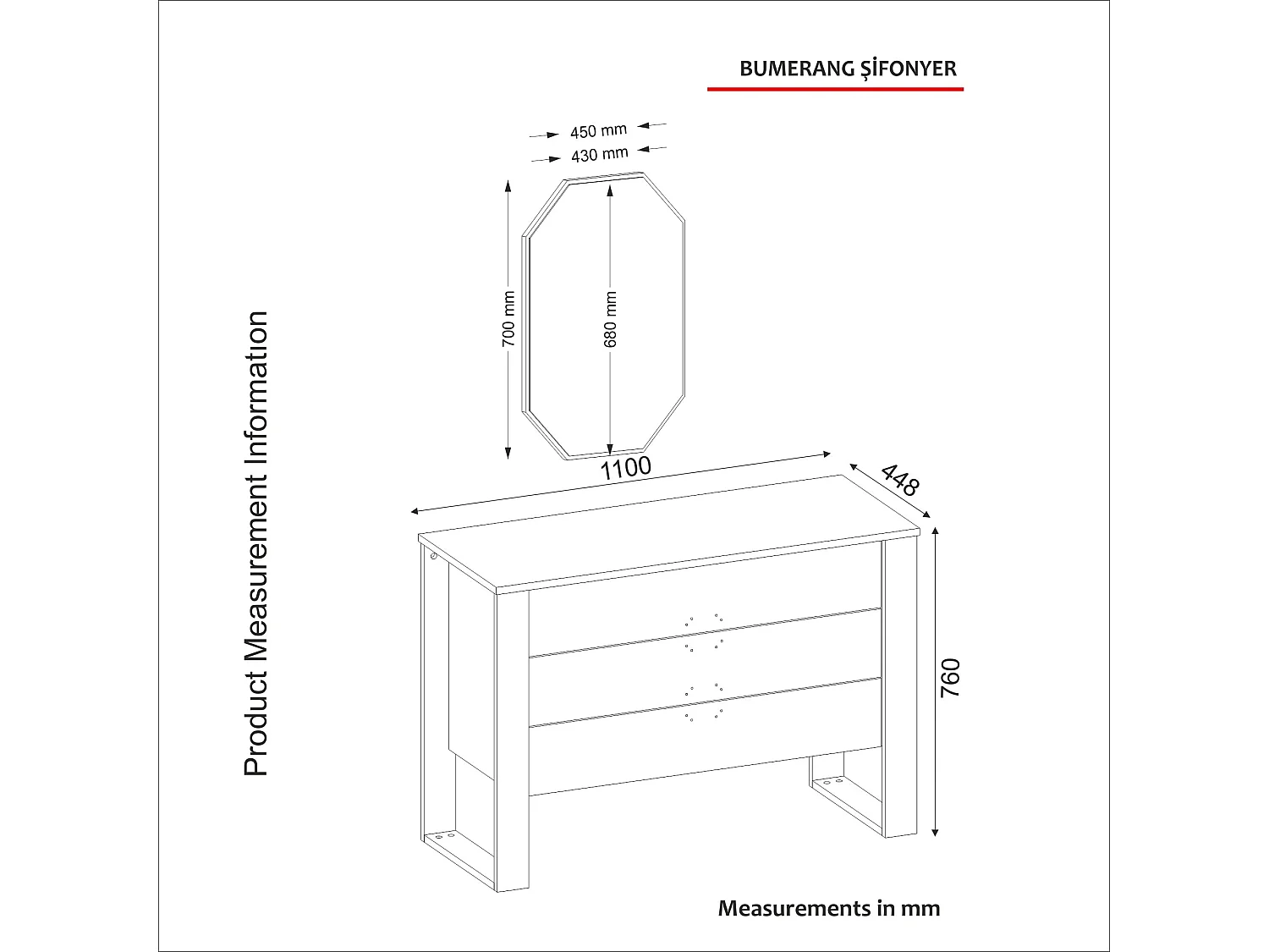 3 lades ladekast met donker hout en antraciet wandspiegel Luko 110 cm
