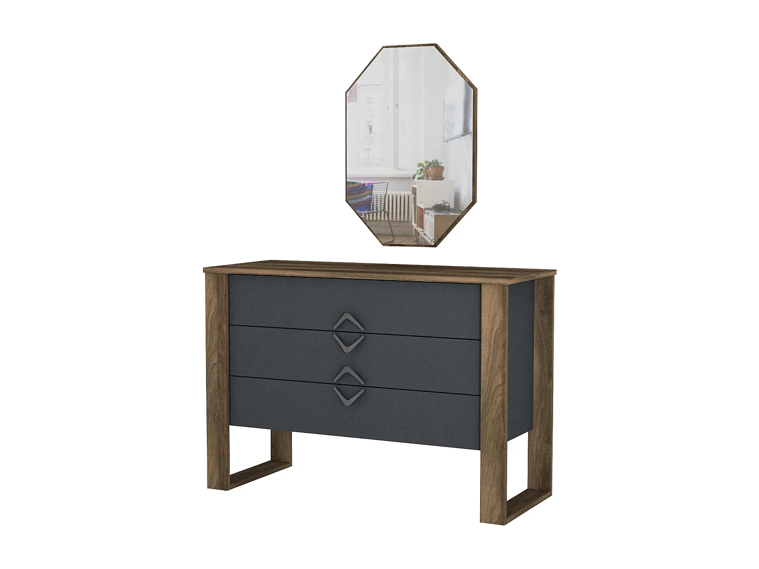 3 lades ladekast met donker hout en antraciet wandspiegel Luko 110 cm