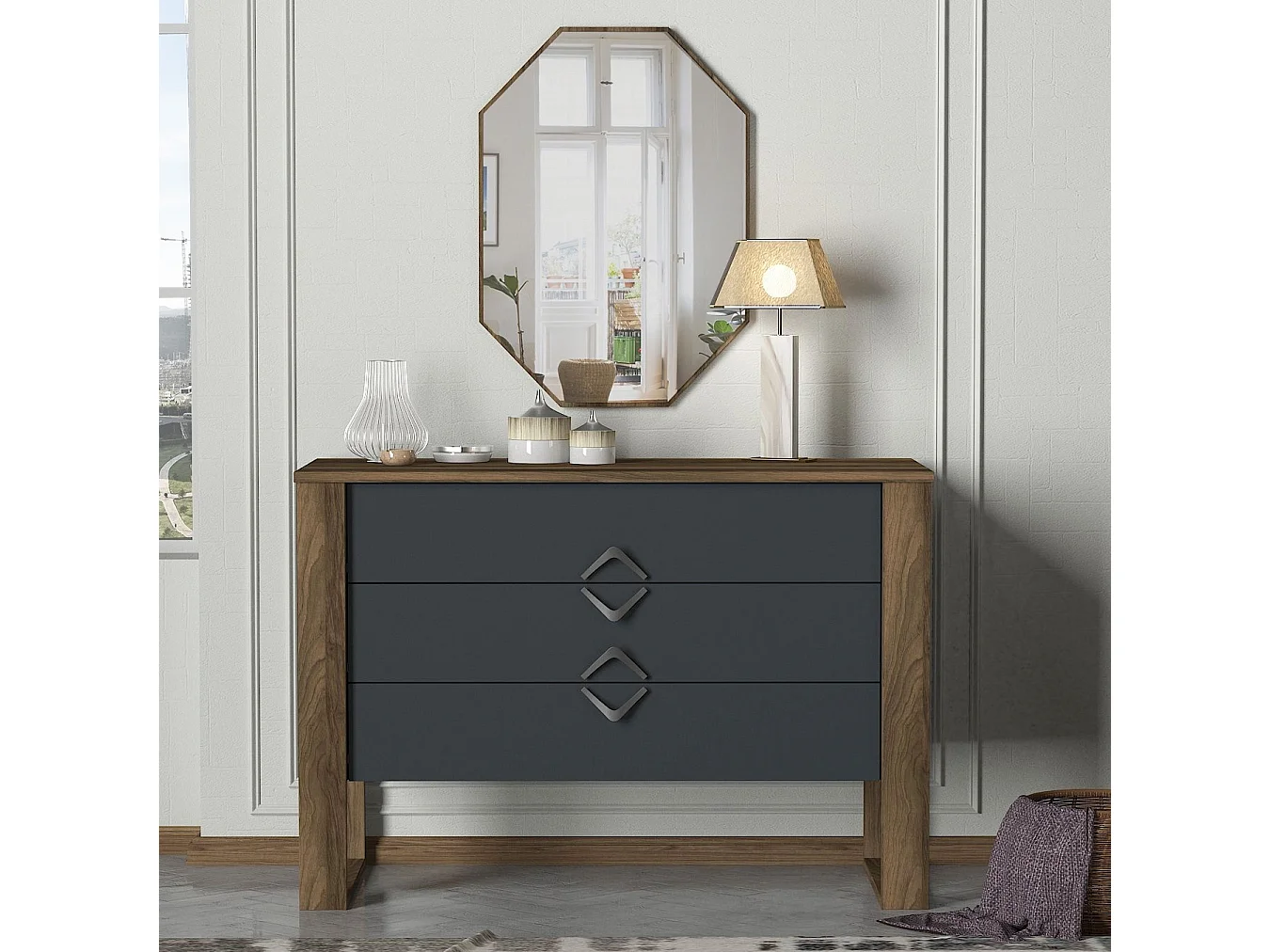 3 lades ladekast met donker hout en antraciet wandspiegel Luko 110 cm