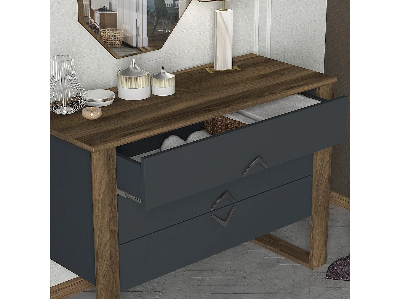 3 lades ladekast met donker hout en antraciet wandspiegel Luko 110 cm