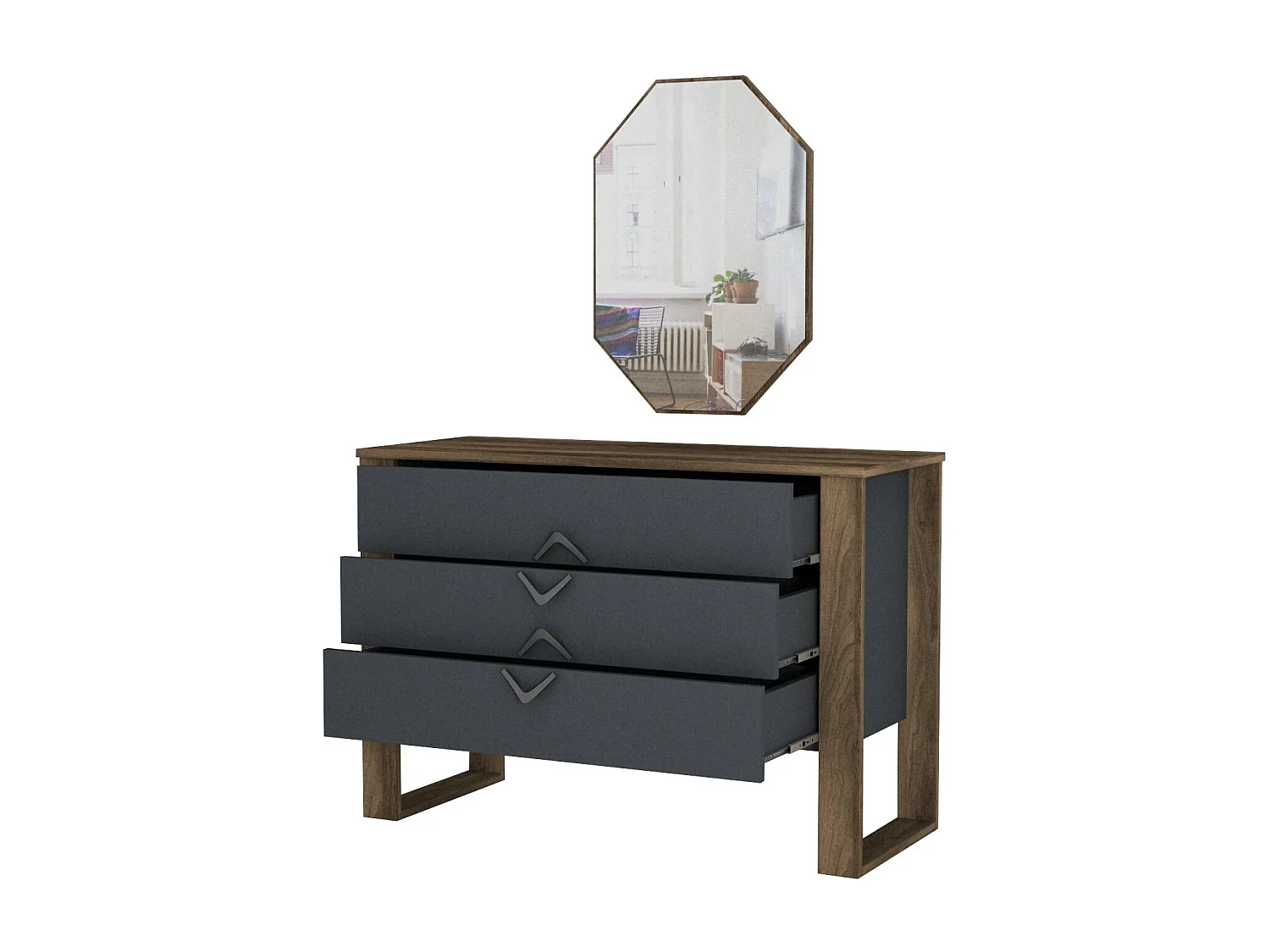 3 lades ladekast met donker hout en antraciet wandspiegel Luko 110 cm