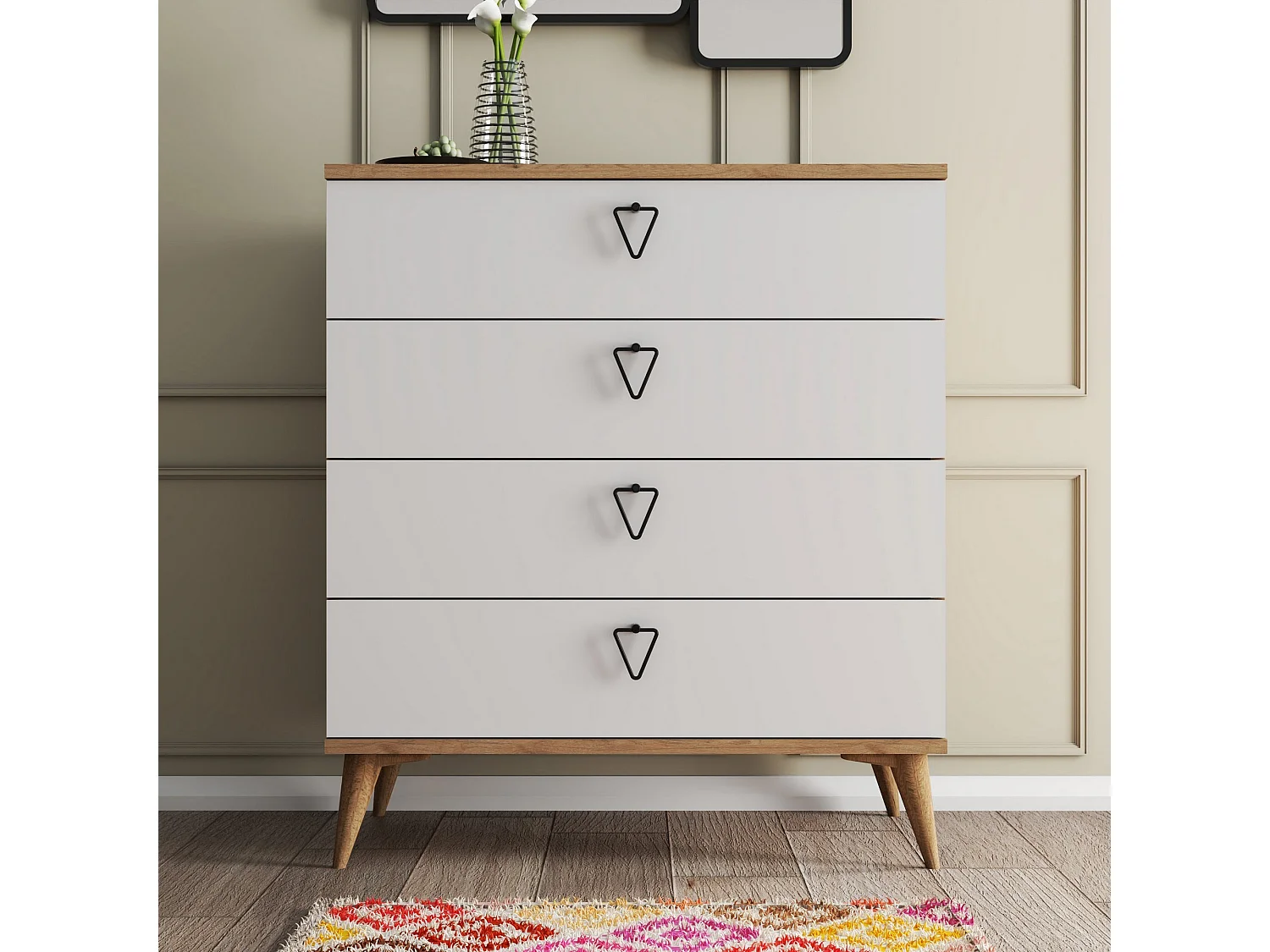 Commode 4 tiroirs bois blanc et naturel Vera 80cm