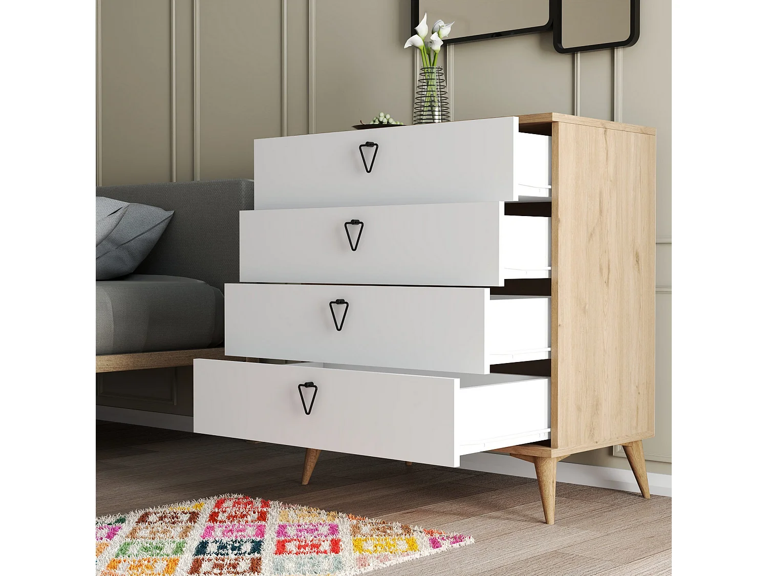 Commode 4 tiroirs bois blanc et naturel Vera 80cm