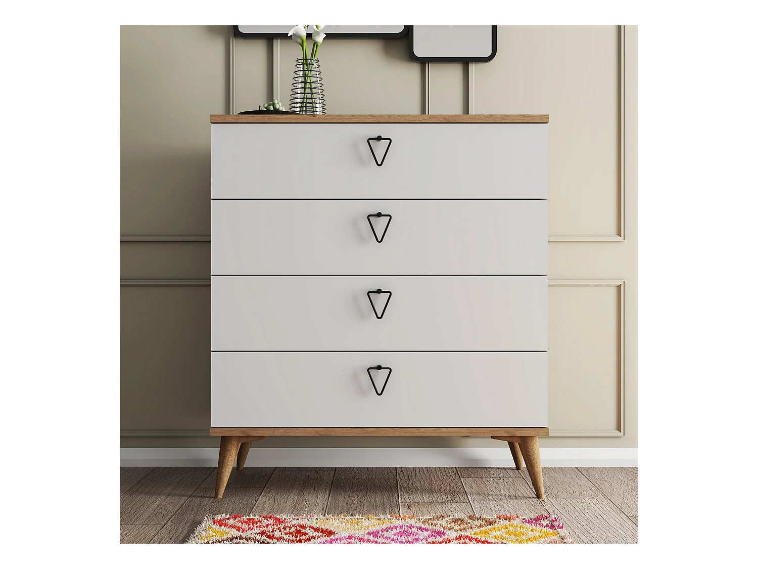 Commode 4 tiroirs bois blanc et naturel Vera 80cm