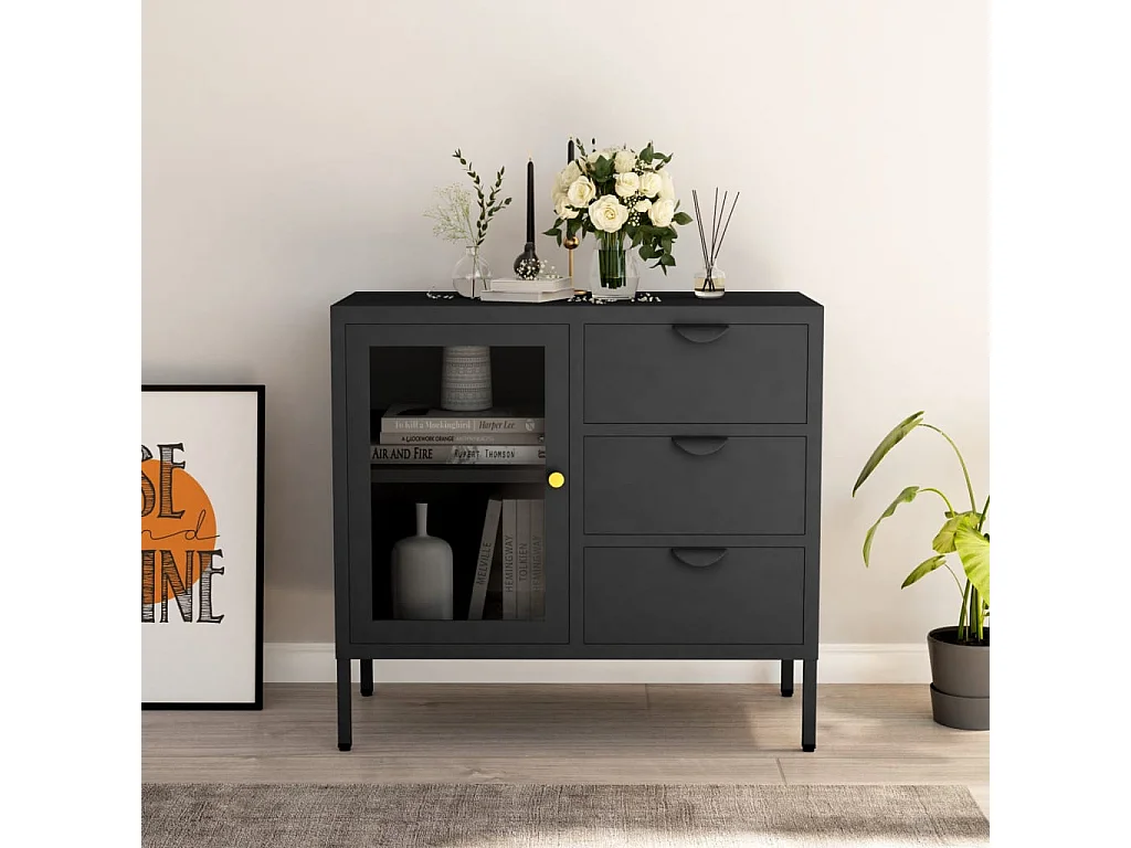 Buffet Anthracite 75x35x70 Acier et verre trempé