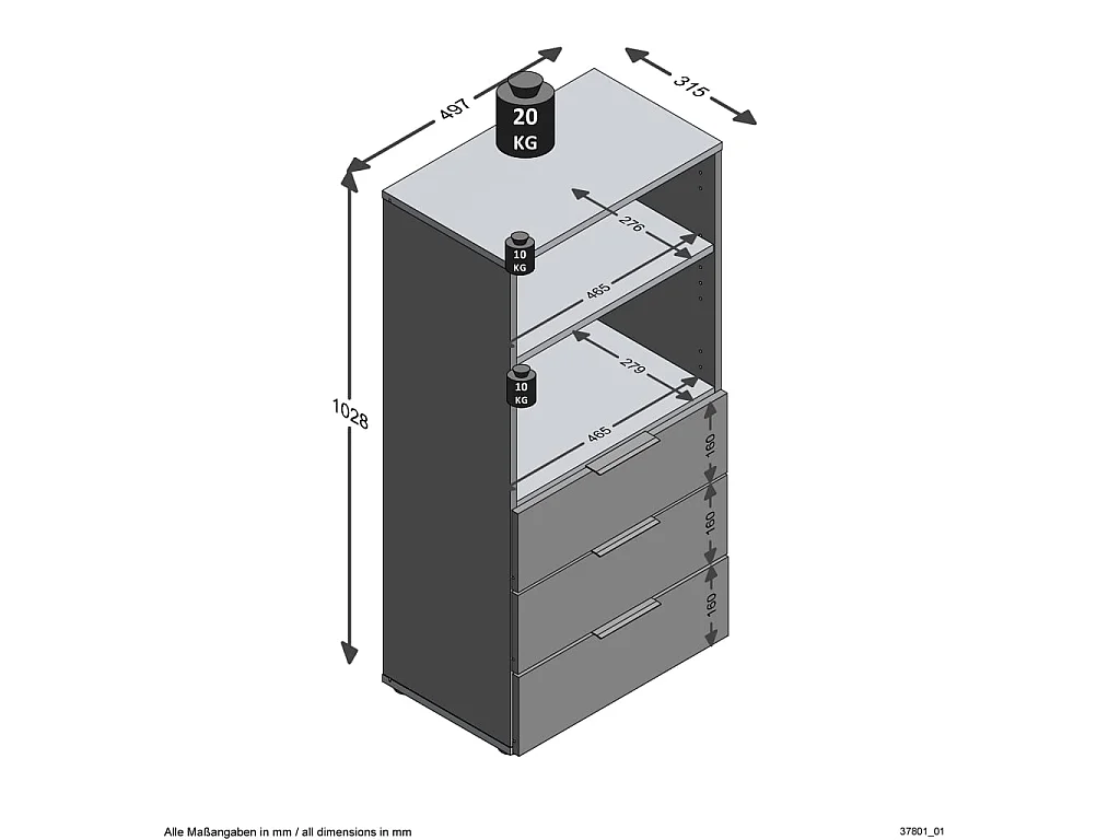 FMD Commode avec 3 tiroirs et étagère ouverte Noir