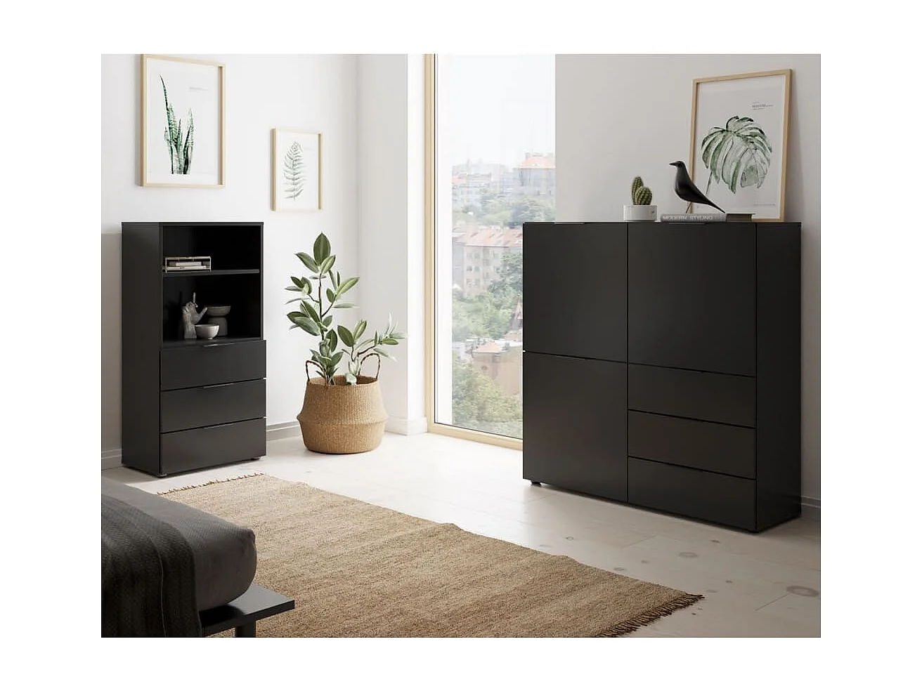 FMD Commode avec 3 portes et 3 tiroirs Noir