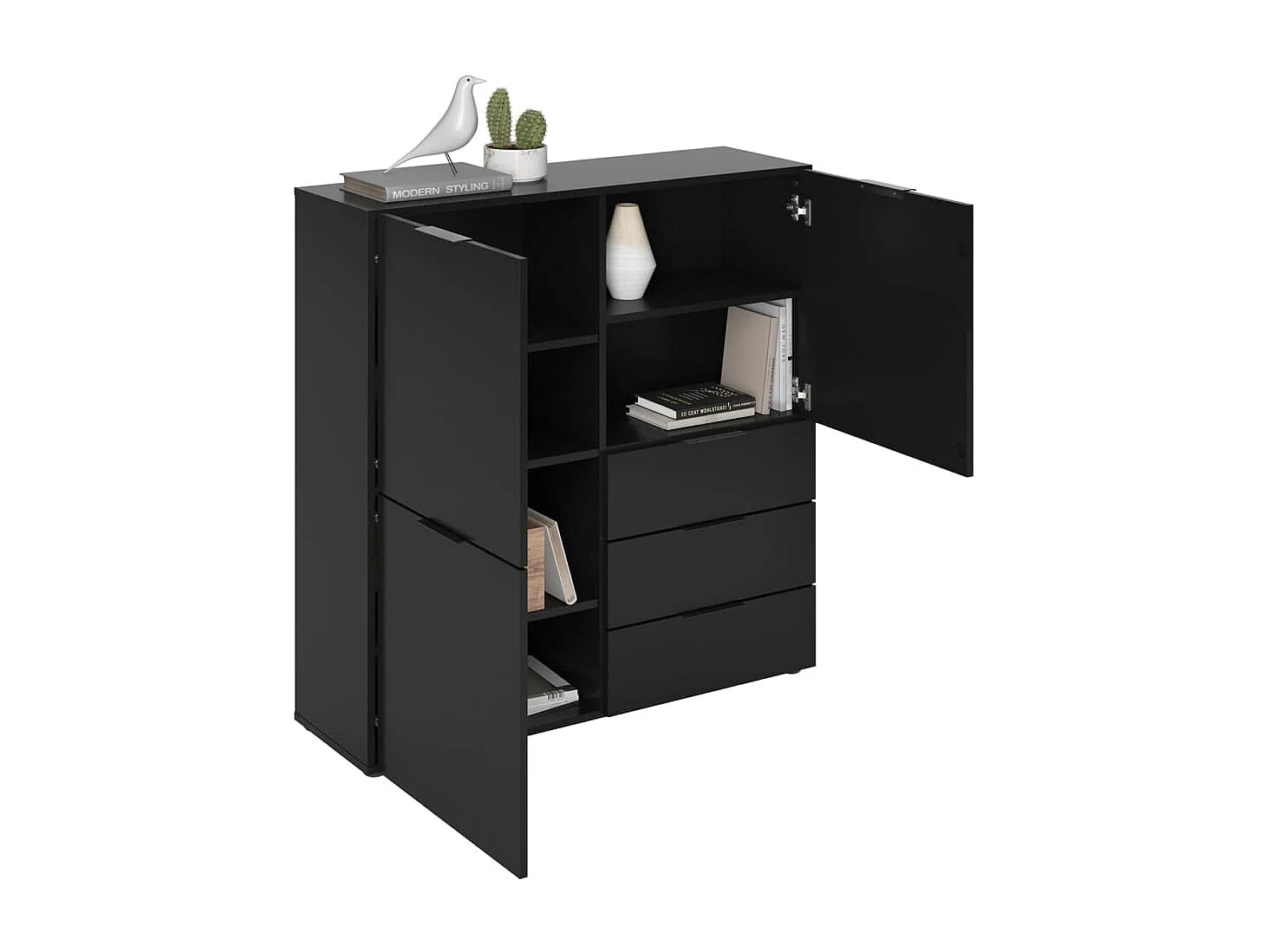 FMD Commode avec 3 portes et 3 tiroirs Noir
