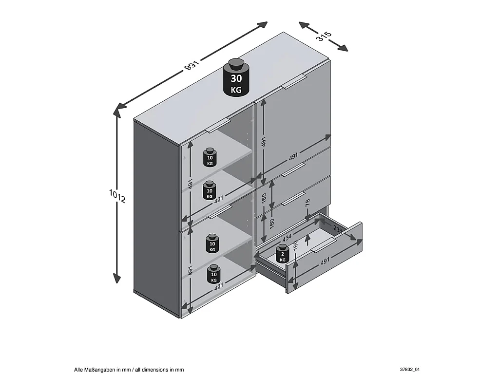 FMD Commode avec 3 portes et 3 tiroirs Noir