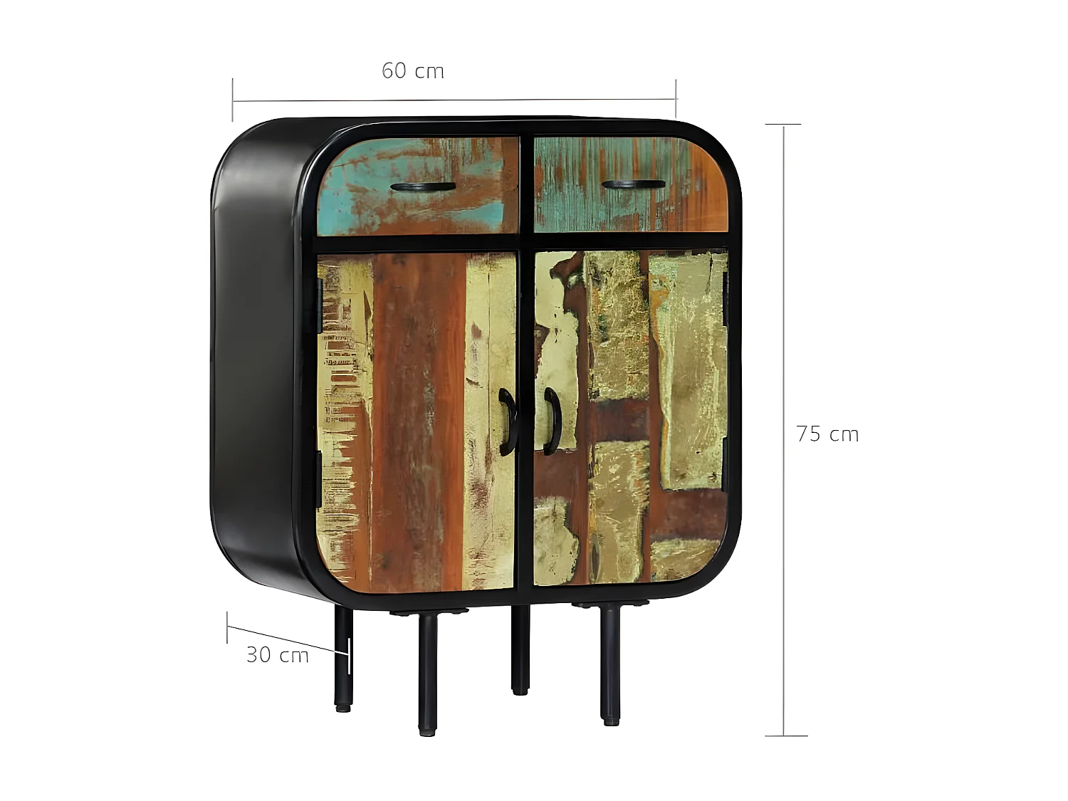 Commode 2 portes 2 tiroirs bois massif recyclé et métal noir Bousty