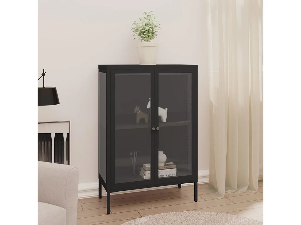 Buffet Noir 75x35x105 Acier et verre