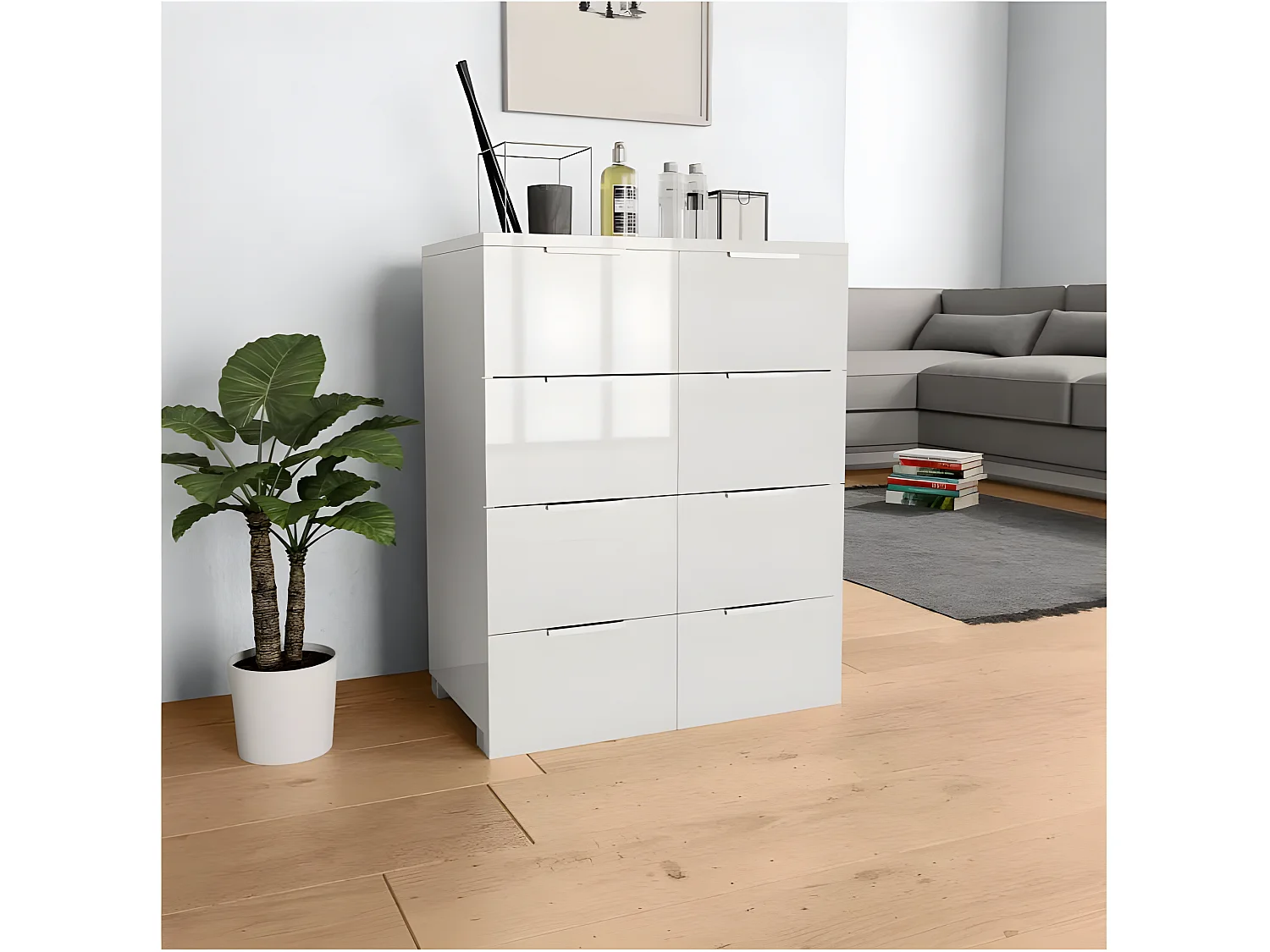 Commode 8 tiroirs bois blanc brillant Bella
