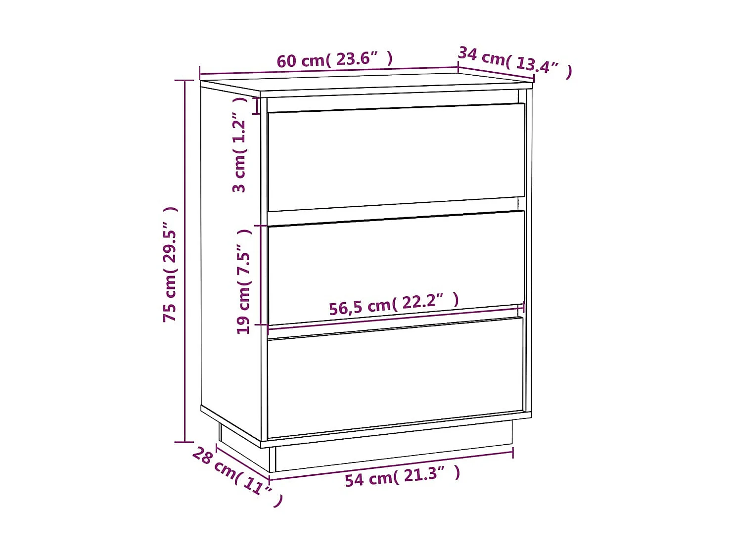 Aparador de madera maciza de pino gris 60x34x75 cm