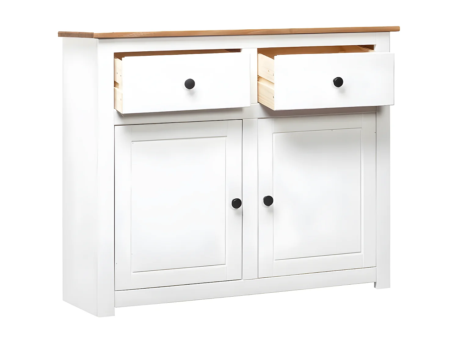 Commode 2 portes 2 tiroirs pin massif blanc et clair Iris
